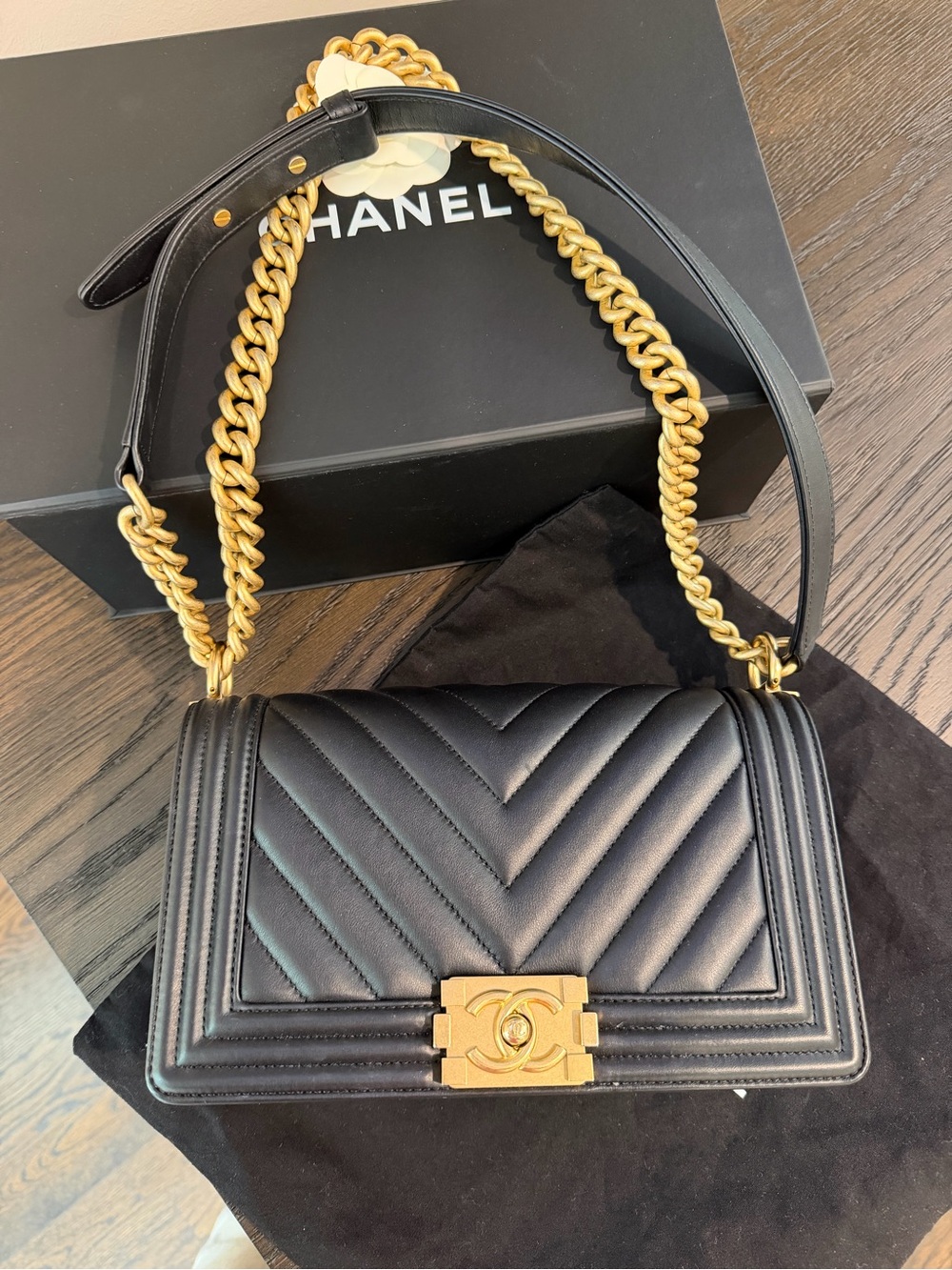CHANEL Black Chevron Quilted Boy Shoulder Bag with Gold Hardware